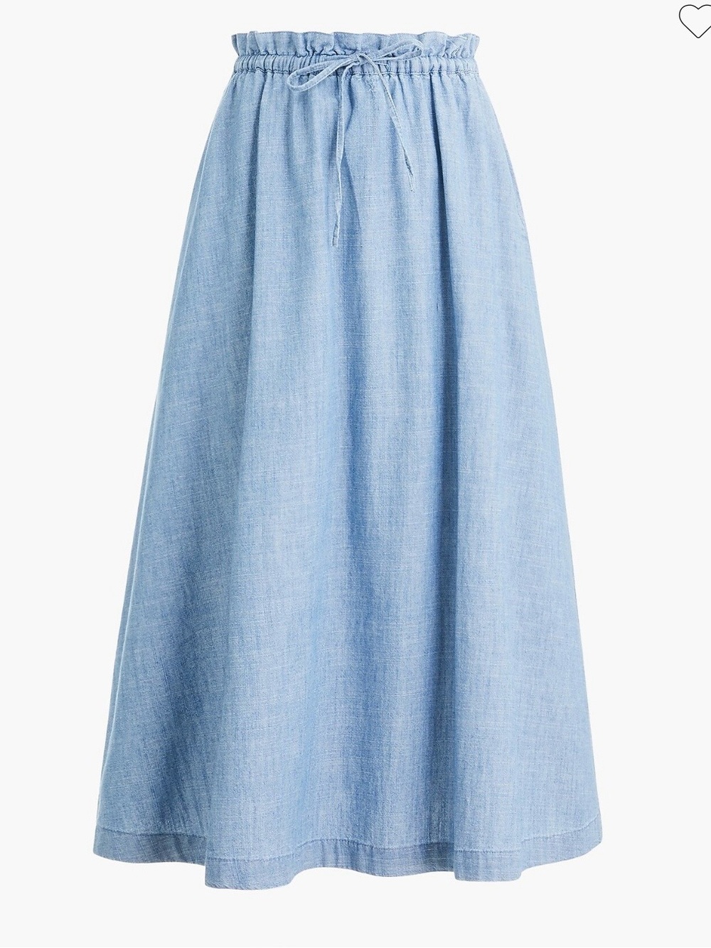 J.Crew Blue Chambray Cotton Midi Skirt Paperbag Waist Pockets XXS modest
